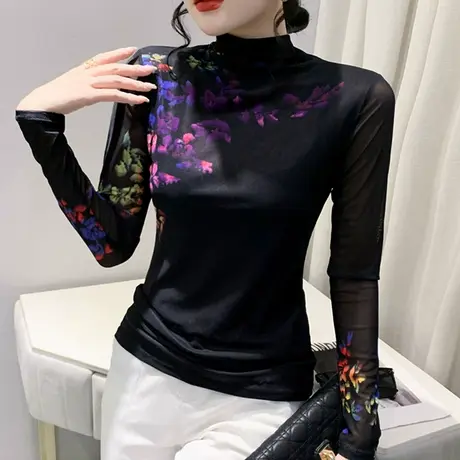女装2024新款半高领打底衫内搭性感网纱气质T恤长袖复古印花上衣商品大图