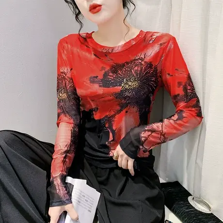 秋冬新款性感网纱T恤女长袖个性扎染印花上衣时尚减龄修身打底衫商品大图