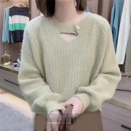 纯色领子纽扣镂空别致设计感针织打底衫上衣气质秋冬新款毛衣洋气商品大图