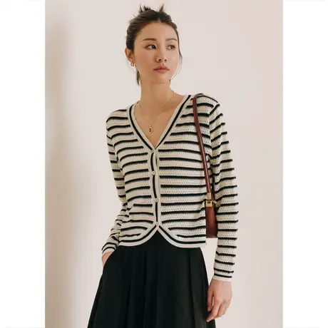 弥古黑白条纹针织衫上衣女复古法式镂空v领春秋外套显瘦外搭开衫商品大图