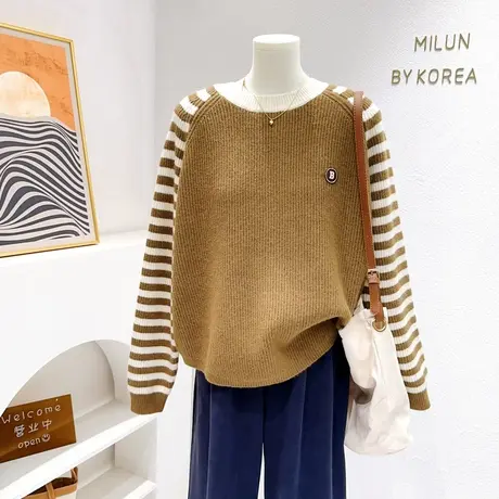 韩代同款秋冬chic复古美拉德咖色拼色条纹保暖毛衣软糯宽松针织衫商品大图