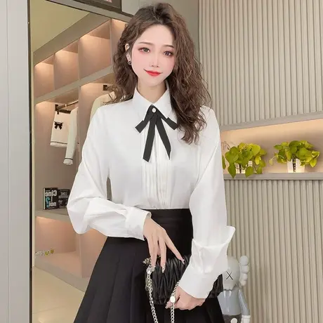 法式复古蝴蝶结白衬衫女小众设计感新款雪纺衫长袖休闲气质小衫商品大图