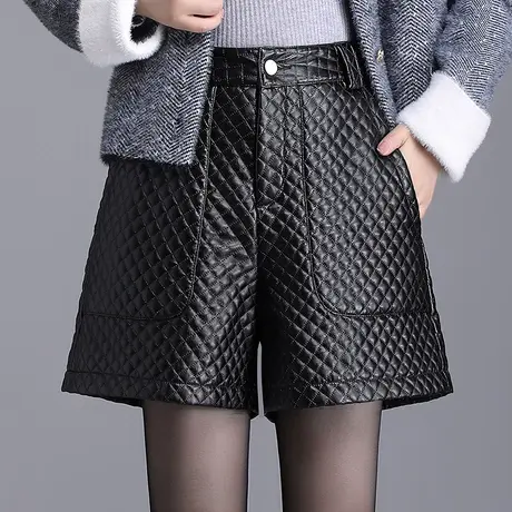 厚款菱格皮短裤女春秋2023新款高腰宽松a字阔腿裤外穿休闲PU皮裤商品大图