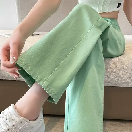 绿色高腰阔腿牛仔裤女2023年春秋新款美式粉色窄版直筒拖地长裤子商品大图