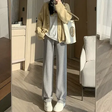 灰色羊绒阔腿裤女秋冬季2023新款高腰垂感窄版直筒高级感软糯裤子商品大图