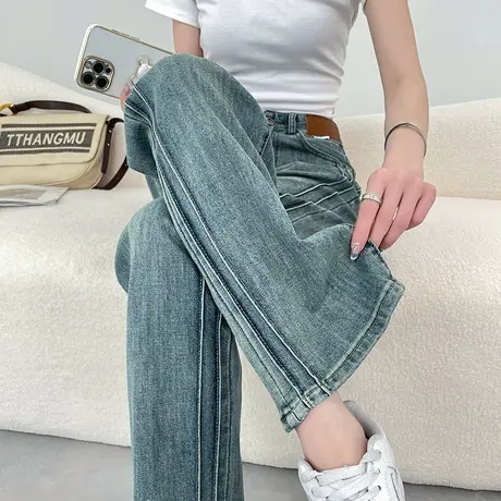 复古阔腿牛仔裤女2024年春秋新款高腰窄版直筒宽松显瘦做旧拖地裤商品大图