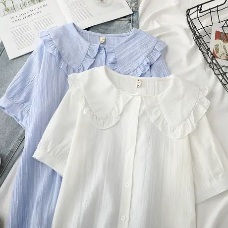 2020夏装新款日系小清新可爱百搭少女花边娃娃领白衬衫女短袖内搭商品大图