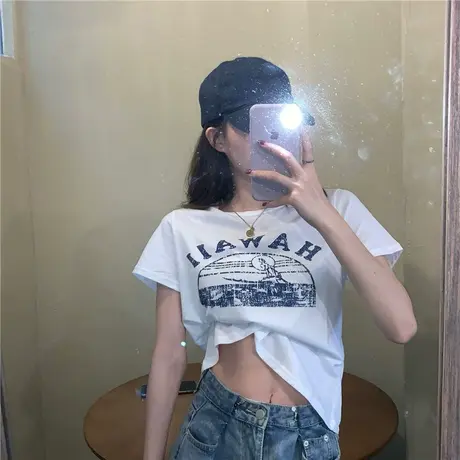 甜辣妹正肩短袖T恤女设计感小众夏季修身短款chic独特别致小上衣商品大图
