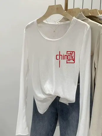 白色仿棉长袖t恤女2023新款春秋装冬季德绒内搭打底衫潮牌上衣服商品大图