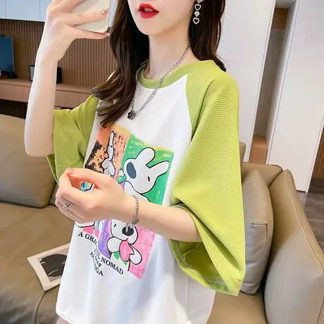 小众设计感短袖t恤女2023新款夏季韩版宽松大码插肩袖拼色上衣服商品大图