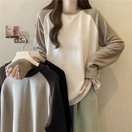 刺绣插肩长袖T恤女秋冬2024新款加绒加厚宽松内搭德绒打底衫上衣图片