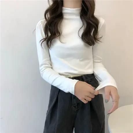 洋气百搭内搭半高领白色长袖t恤上衣秋冬加厚加绒德绒打底衫女装图片