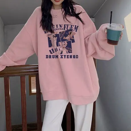 美式复古卫衣vintage秋季薄款外套粉色显白ins潮大码显瘦女装上衣商品大图