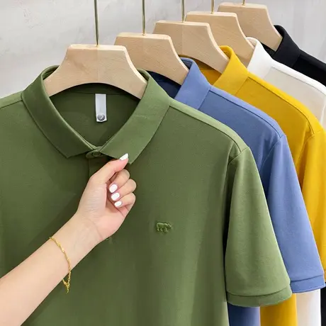 2023夏季净色翻领短袖POLO衫男士修身韩版小犀牛刺绣百搭半袖T恤商品大图