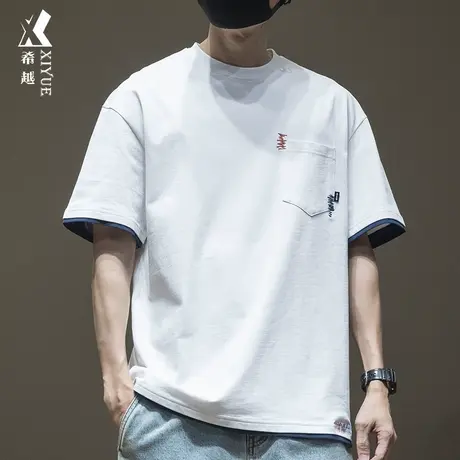 假两件短袖T恤男夏季280g重磅全棉口袋上衣潮牌ins宽松大码体恤衫商品大图