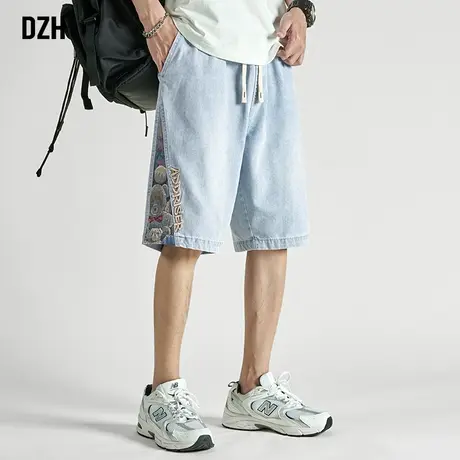 男士浅色刺绣拼接牛仔裤短裤男夏季裤子美式高街5分裤中裤五分裤商品大图