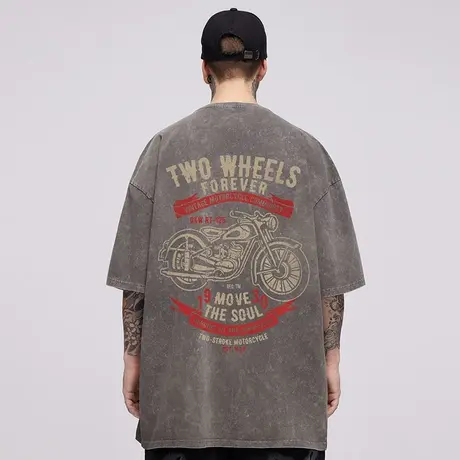 oversize美式重磅潮牌胖子男加肥加大码宽松水洗做旧复古短袖T恤图片