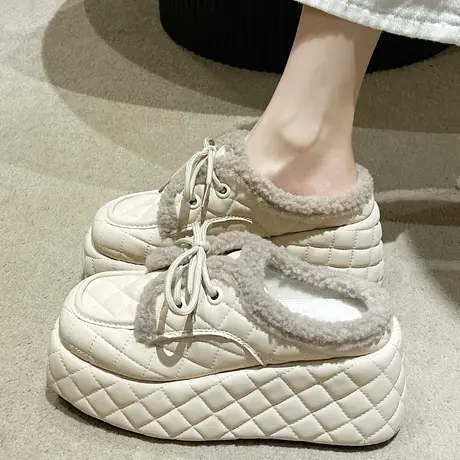 坡跟厚底增高包头保暖毛毛拖鞋女冬季外穿2023新款网红ins风棉拖商品大图