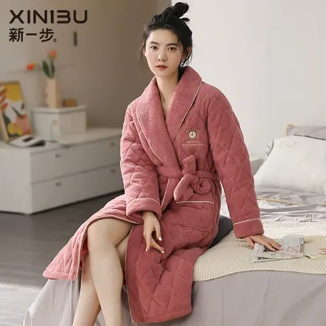 新一步冬季珊瑚绒睡袍女士长款睡衣加厚法兰绒开衫家居服2024新款图片