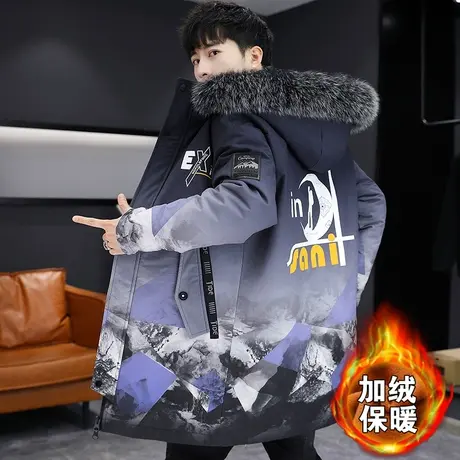 外套男士加绒加厚学生棉服修身中长款棉袄男帅气风衣2022冬季棉衣图片