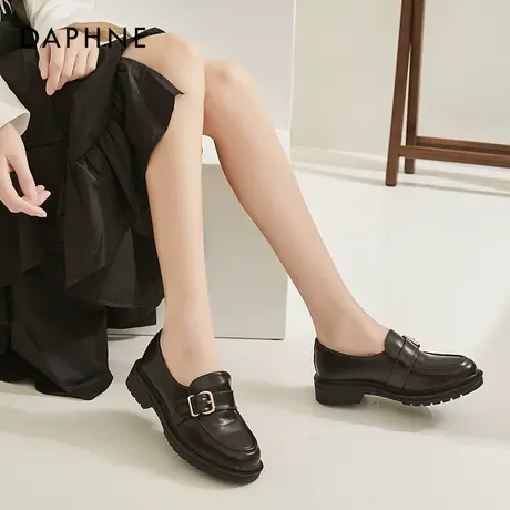 达芙妮粗跟圆头小皮鞋女加绒英伦2021秋冬新款黑色平底单鞋女低跟图片