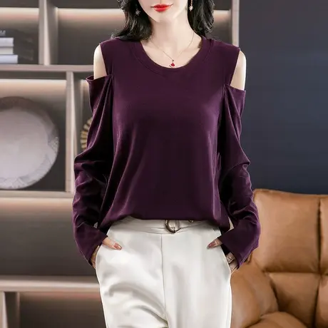 伊自尚2024年新款大码女装韩版胖mm春季气质显瘦长袖露肩T恤上衣商品大图