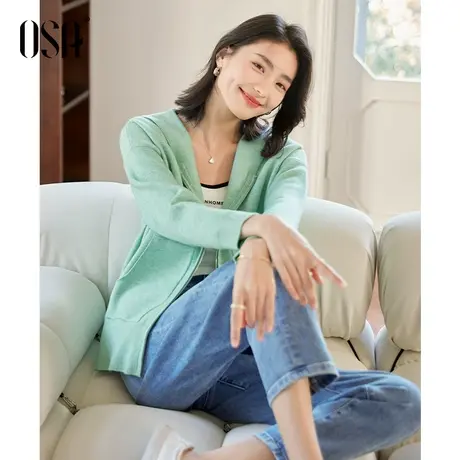 OSA欧莎绿色连帽卫衣针织开衫休闲上衣春装女2023年新款宽松外套商品大图