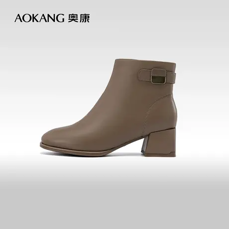 奥康女鞋 2023冬季新款简约英伦风粗跟舒适真皮方头短靴气质优雅商品大图
