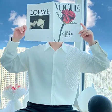 高级感春秋季衬衫男长袖拼接ins潮发型师衬衣外套设计感INS男装商品大图