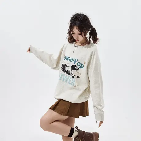 YEP圆领无帽卫衣女春秋新款卡通印花宽松oversize无帽上衣潮图片