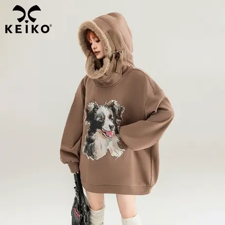 KEIKO [加密绒] 复古印花连帽卫衣加厚24早春美式慵懒风宽松外套商品大图