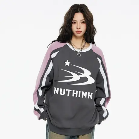 Nuthink美式潮牌高街拼色插肩卫衣男潮加绒加厚宽松圆领上衣冬季商品大图
