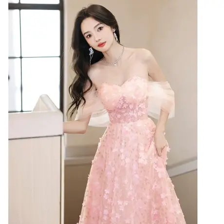 粉色晚礼服女高级感轻奢小众高端生日抹胸超仙轻纱花瓣裙声乐艺考商品大图