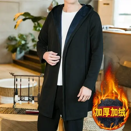 冬季加绒中长款风衣连帽宽松保暖上衣青年复古休闲带帽中国风外套图片