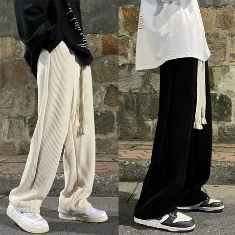 复古抽绳休闲裤子男秋冬季潮牌运动卫裤ins潮流港风宽松直筒长裤图片