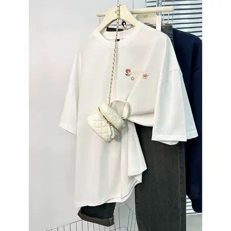 胖mm大码女装新款100%小众设计感ins潮宽松纯棉短袖t恤女日系上衣图片