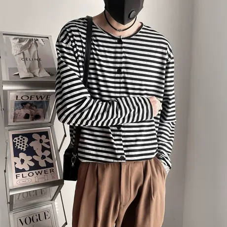 条纹开衫外套男春季2024新款ins韩版小众设计感长袖打底衫上衣t恤商品大图