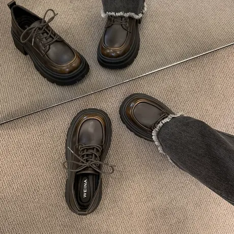 复古棕色英伦风小皮鞋女2024新款春季百搭松糕厚底系带乐福单鞋子图片