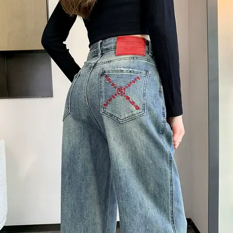 刺绣复古阔腿牛仔裤女春秋2024年新款高腰宽松显瘦垂感拖地直筒裤图片