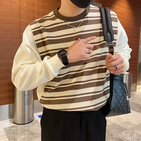假两件条纹卫衣男春季新款小众宽松休闲上衣潮牌男装长袖T恤外套商品大图