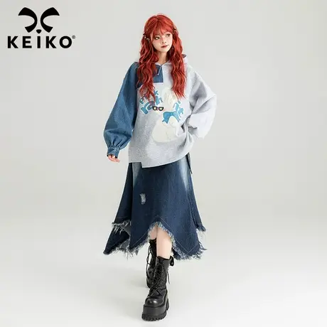 KEIKO 小众设计牛仔拼接灰色卫衣女2024春季卡通兔子宽松连帽外套商品大图