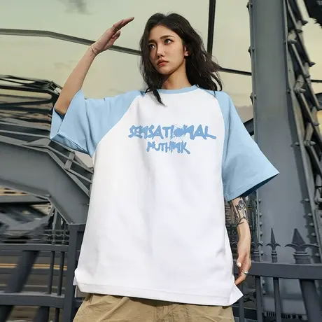 Nuthink美式字母华夫格男t恤潮牌重磅情侣短袖宽松插肩袖上衣夏季商品大图