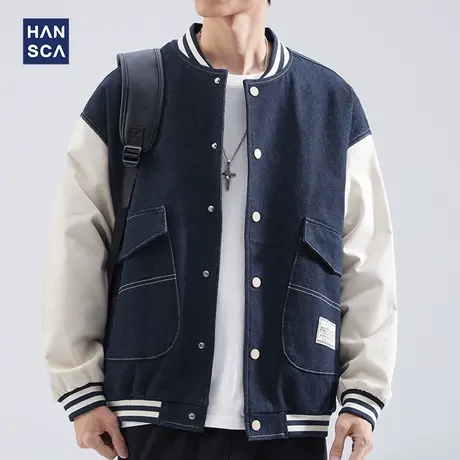 hansca美式复古撞色牛仔夹克男士秋季潮牌宽松大码翻领棒球服外套商品大图