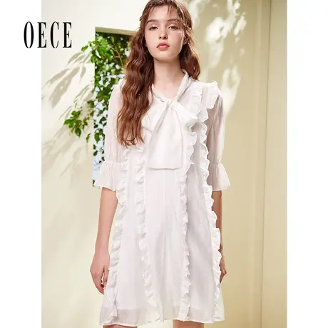 OECE夏装新款女装 法式白色系带领花边喇叭袖气质连衣裙图片