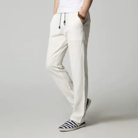 秋季松紧腰麻裤禅修茶服禅意宽松长裤太极裤松紧腰麻料白色休闲裤商品大图