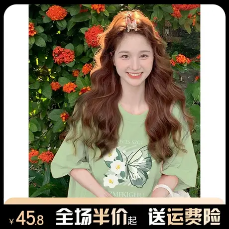 纯棉蝴蝶印花设计感短袖t恤女2024新款爆款夏季宽松大码半袖上衣图片