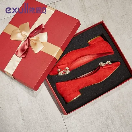 exull/依思Q红色婚鞋女2023年单鞋粗跟尖头中式秀禾新娘鞋软底商品大图