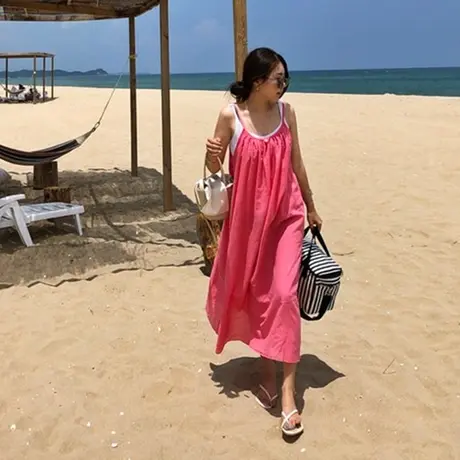 夏装棉麻吊带连衣裙女中长款韩版宽松大码学生背带亚麻细带裙子潮图片