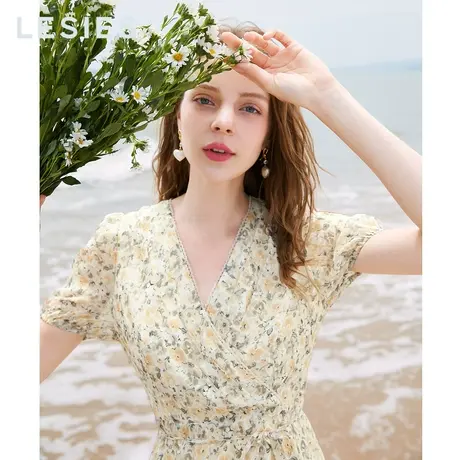 LESIES蓝色倾情夏季新款田园风碎花裙淑女系带雪纺短袖法式连衣裙图片