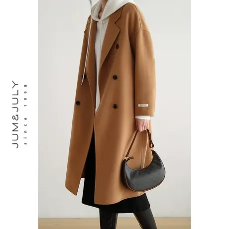 2022秋冬新款中长款毛呢外套女双面呢子大衣宽松韩系赫本风商品大图